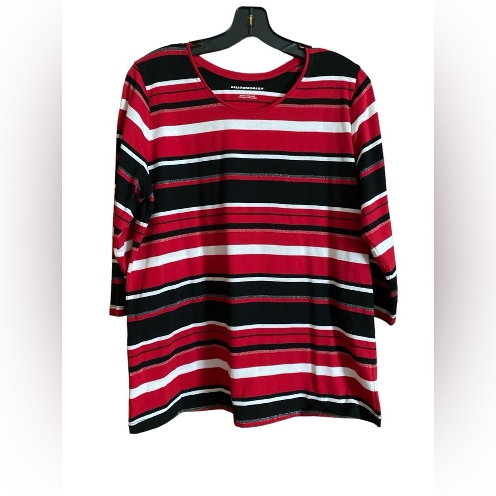 Allison Daley 3/4 sleeve tee polyester cotton metallic red black striped…